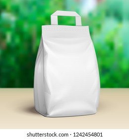 Mockup Stand Up Pouch Snack Sachet Bag With Handle. Blank Mock Up, Template. Green Summer Garden Background. Ready For Your Design. Product Packaging. Vector 
