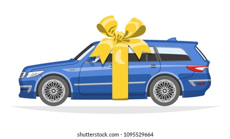 Mockup station wagon car gift for present with yellow bow and ribbon. The ability to easily change the color.