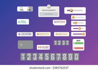 Mockup stories, polls, in social media Story interface badge. Stories tool sticker. Blogging set. Location, mention, avatar, poll, countdown, link, quiz hashtag, music icons. Vector illustration.