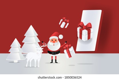 Mockup studio and gift on Phone with christmas decoration for christmas product presentation. Vector Illustration.