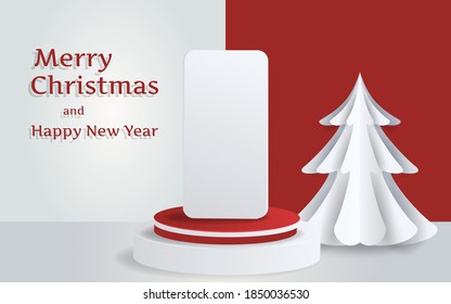 Mockup studio and Phone on podium with christmas decoration for christmas product presentation. Vector Illustration.