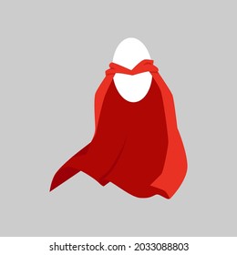 Mockup of super hero man or woman long cape blowing in wind with white empty oval badge, flat vector illustration isolated on grey background. Superhero silk cloak.