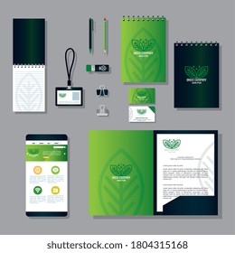 mockup supplies stationery color green with sign leaves, green identity corporate vector illustration design