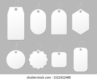 Mockup Tag, Paper Label. Template Blank Tag For Price Shopping, Hang Sale, Gift Card.Design Labels With Cord. Round, Square Shape Of Hang Stamp Isolated.Blank Paper Price For Sale.vector Eps10