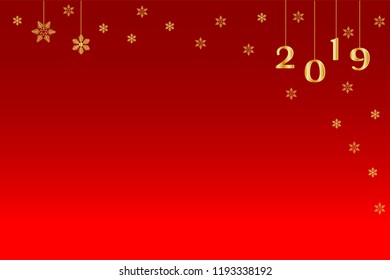 Mockup, template for banner, greetings card with New Year and Christmas, with the inscription 2019 and golden snowflakes of different shapes and sizes. Red background. Vector illustration.
