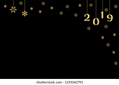 Mockup, template for banner, greetings card with New Year and Christmas, with the inscription 2019 and golden snowflakes of different shapes and sizes. Black background. Vector illustration.