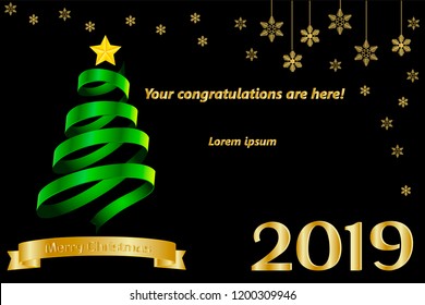 Mockup, template for banner, greetings card with New Year and Christmas, with the inscription 2019 and golden rose and snowflakes of different shapes and sizes. Red background. Vector illustration.
