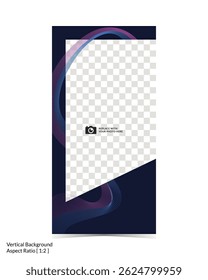 Mockup template of editable dark color cover or banner design with fluid wireframe artwork and photo insert option on vertical background 78
