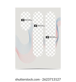 Mockup template of editable soft color cover design with fluid wireframe artwork and photo insert option on vertical background 65