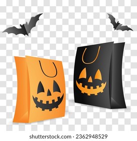 mockup, template for Halloween sale and advertising with place for text, copy space. With gift bag and bats