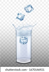 Mockup or template with ice cubes falling into glass of water or clear alcohol drink with splash, realistic vector illustration isolated on transparent background.