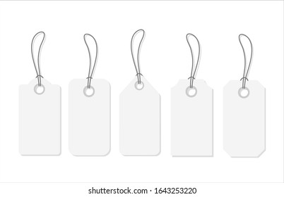 Mockup and template for paper price tag. Set of blank white tags with rope. White shopping labels and price tags in different shapes. Vector illustration 