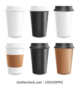 Mockup and template realistic 3d set of paper, cardboard and plastic coffee cup. Disposable plastic and paper coffee cup for hot drinks. Cappuccino, espresso and cafe template, vector illustration.