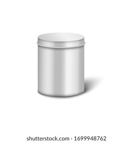 Mockup and template of realistic cylindrical metal box, jar, can and container with lid for packaging and storage of food. Isolated realistic vector illustration of a metal box.