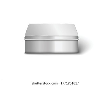 Mockup and template of realistic rectangular aluminum metal box, jar and container with a lid for packaging and storage of food, isolated 3d vector illustration.