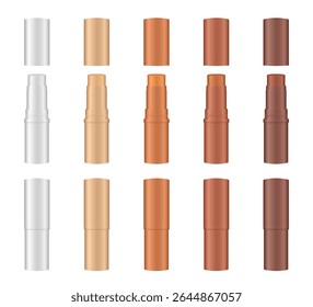 Mockup of thin open and closed cosmetic sticks. Cosmetic tube. Face contouring pen, highlighter or bronzer. Concealer or foundation. White, beige, bronze and brown containers