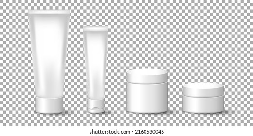 Mockup of three dimensional cream tubes and jars in minimalistic style. Cosmetic product template for your logo design.Vector skincare packages, containers, bottles isolated on transparent background