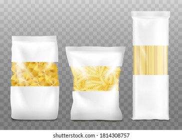 Mockup of three kinds of pasta pillow bags, realistic vector illustration isolated on transparent background. Macaroni packaging template for product identity design.