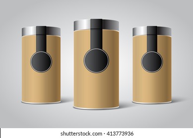 Mockup of three kraft cardboard Blank Tincan packaging with Tag, label. Tea, coffee, dry products, gift box