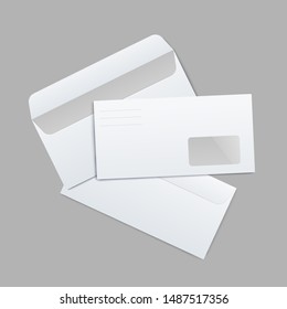 Mockup of three paper white DL envelopes lying on each other realistic style, vector illustration isolated on gray background. Template of front and back side oblong envelopes with transparent window