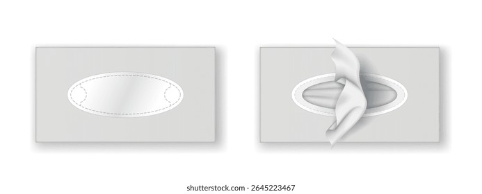 Mockup of a tissue box with tissues emerging. Clean and minimalistic design in neutral tones. Ideal for presenting packaging concepts and product designs.