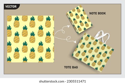 mockup tote bag y el libro de notas con frutos de piña, patrón sin costuras de hoja.