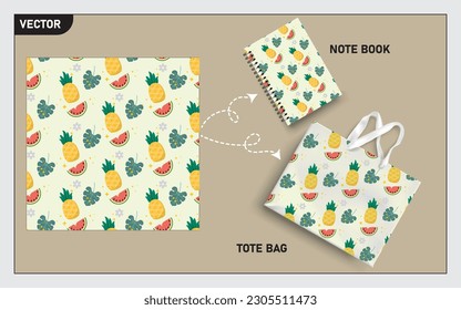 mockup tote bag y el libro de notas con frutos de piña, patrón sin costuras de hoja.