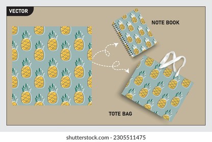 mockup tote bag y el libro de notas con frutos de piña, patrón sin costuras de hoja.