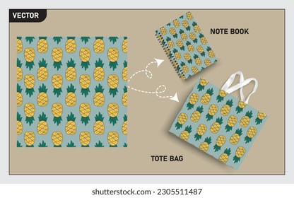 mockup tote bag y el libro de notas con frutos de piña, patrón sin costuras de hoja.