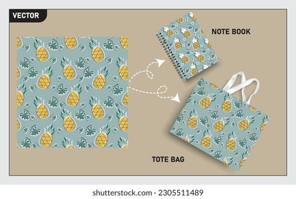 mockup tote bag y el libro de notas con frutos de piña, patrón sin costuras de hoja.