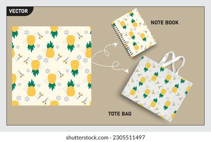 mockup tote bag y el libro de notas con frutos de piña, patrón sin costuras de hoja.