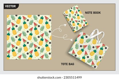 mockup tote bag y el libro de notas con frutos de piña, patrón sin costuras de hoja.