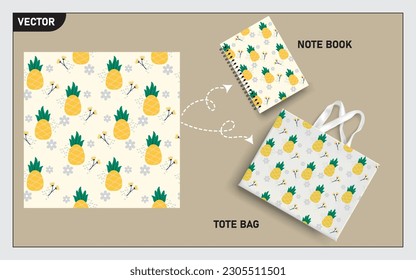 mockup tote bag y el libro de notas con frutos de piña, patrón sin costuras de hoja.