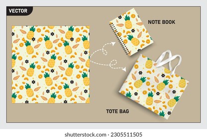 mockup tote bag y el libro de notas con frutos de piña, patrón sin costuras de hoja.