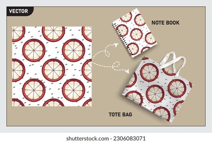 Mockup tote bag and note book with slice of mangosteen seamless, this seamless pattern can usage for your mock up note book, tote bag,  wallpaper, texture, packaging product, etc.