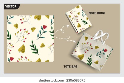 Mockup tote bag and note book with berry, leaves, flower, this seamless pattern can usage for your mock up note book, tote bag,  wallpaper, texture, packaging product, etc.