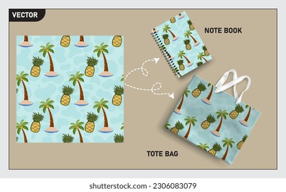 Mockup tote bag and note book with pineapple fruits, this pineapple fruit seamless pattern can usage for your mock up note book, tote bag,  wallpaper, texture, packaging product, etc.