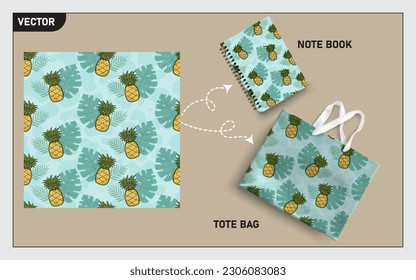 Mockup tote bag and note book with pineapple fruits, this pineapple fruit seamless pattern can usage for your mock up note book, tote bag,  wallpaper, texture, packaging product, etc.