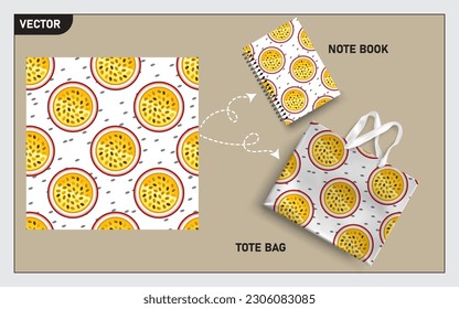 Mockup tote bag and note book with slice of passion fruit seamless, this seamless pattern can usage for your mock up note book, tote bag,  wallpaper, texture, packaging product, etc.