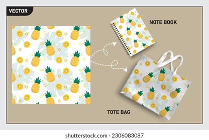 Mockup tote bag and note book with pineapple fruits, this pineapple fruit seamless pattern can usage for your mock up note book, tote bag,  wallpaper, texture, packaging product, etc.