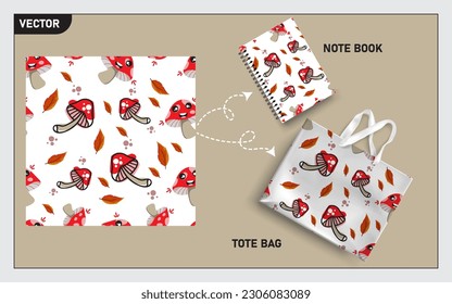 Mockup tote bag and note book with mushroom vector, this mushroom seamless pattern can usage for your mock up note book, tote bag,  wallpaper, texture, packaging product, etc.