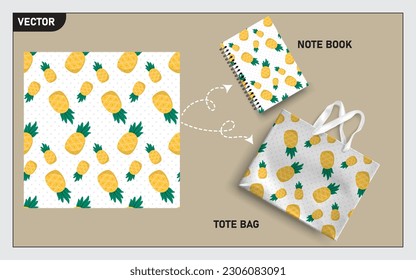 Mockup tote bag and note book with pineapple fruits, this pineapple fruit seamless pattern can usage for your mock up note book, tote bag,  wallpaper, texture, packaging product, etc.