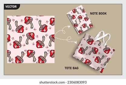 Mockup tote bag and note book with mushroom vector, this mushroom seamless pattern can usage for your mock up note book, tote bag,  wallpaper, texture, packaging product, etc.