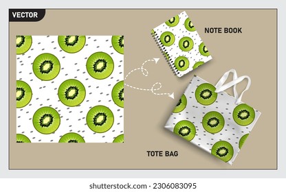 Mockup tote bag and note book with slice of kiwi seamless, this seamless pattern can usage for your mock up note book, tote bag,  wallpaper, texture, packaging product, etc.