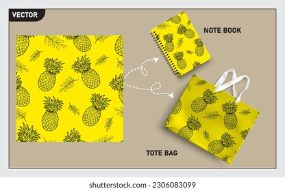 Mockup tote bag and note book with pineapple line art seamless, this seamless pattern can usage for your mock up note book, tote bag,  wallpaper, texture, packaging product, etc.