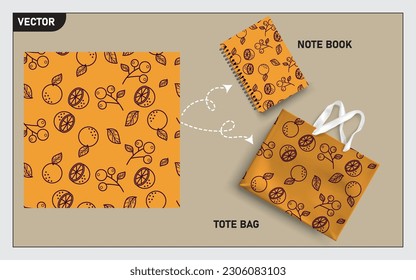 Mockup tote bag and note book with cherry and lemon line art seamless, this seamless pattern can usage for your mock up note book, tote bag,  wallpaper, texture, packaging product, etc.