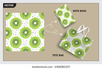 Mockup tote bag and note book with slice of kiwi seamless, this seamless pattern can usage for your mock up note book, tote bag,  wallpaper, texture, packaging product, etc.