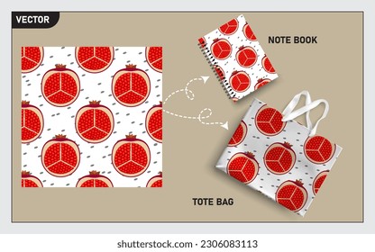 Mockup tote bag and note book with slice of pomegranates seamless, this seamless pattern can usage for your mock up note book, tote bag,  wallpaper, texture, packaging product, etc.