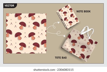 Mockup tote bag and note book with mushroom vector, this mushroom seamless pattern can usage for your mock up note book, tote bag,  wallpaper, texture, packaging product, etc.