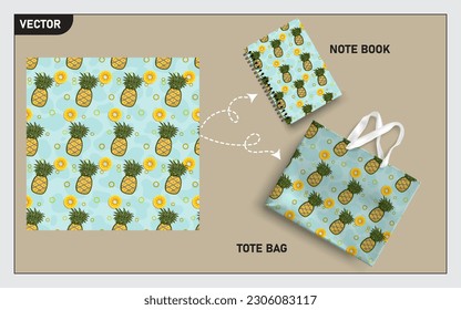 Mockup tote bag and note book with pineapple fruits, this pineapple fruit seamless pattern can usage for your mock up note book, tote bag,  wallpaper, texture, packaging product, etc.